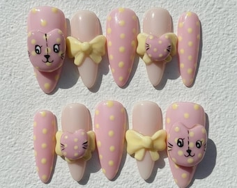 Pink Cat Press On Nails: 3D Kitty Bow Kawaii Nails