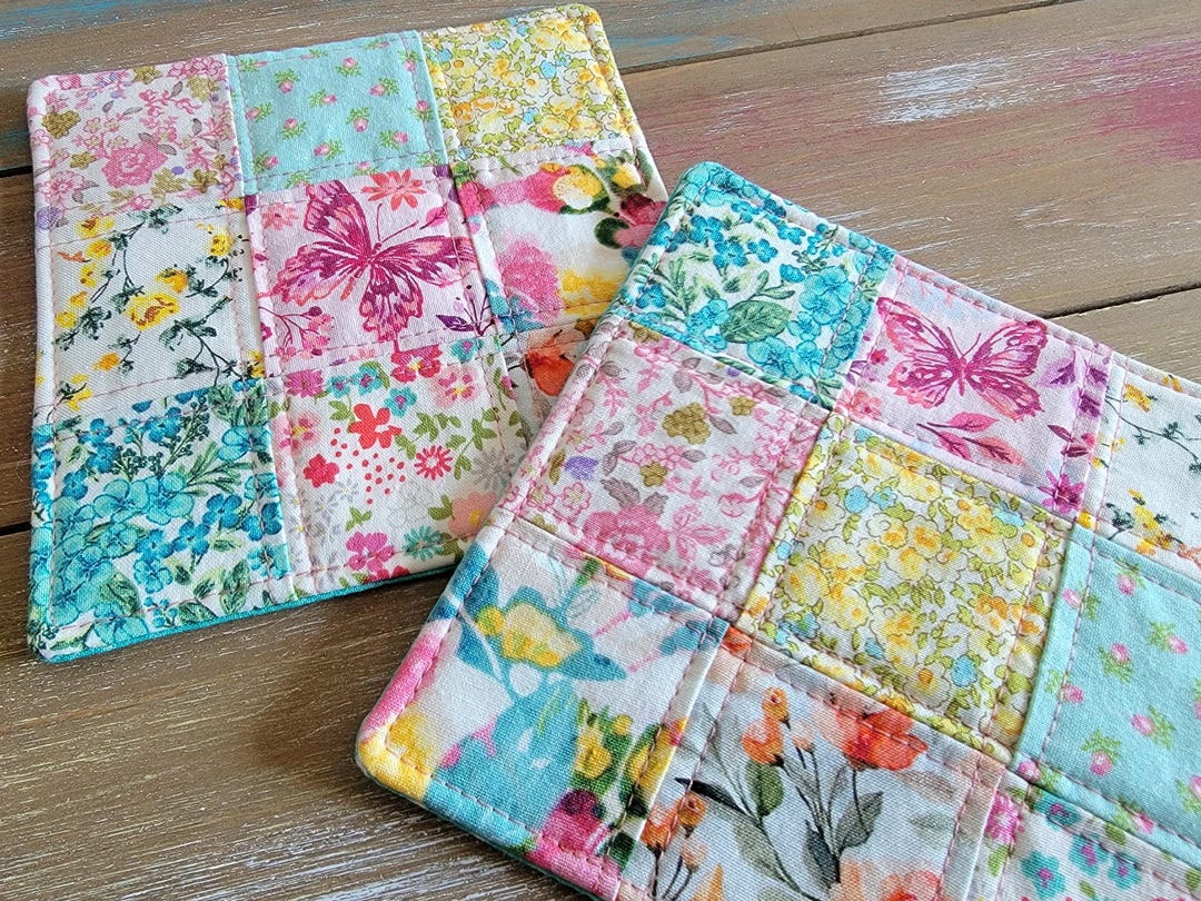 Quilted Coaster Set, Large Mug Rugs, Colorful Oversized Patchwork ...