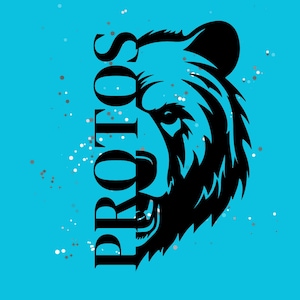 Puede incluir: Silueta negra de una cabeza de oso con la palabra "PROTOS" en fuente vertical, sobre un fondo azul brillante. El diseño incluye pequeñas motas blancas y grises, añadiendo una textura sutil a la obra.