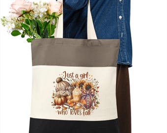 Just a Girl Who Loves Fall Tote Bag, Pumpkin Spice Autumn Canvas Bags