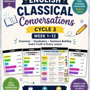 May include: An educational curriculum poster titled English Classical Conversations Cycle 3 Week 1-12. It features charts detailing the 5 forms of verbs like to walk and to sit, with color-coded sections for grammar, vocabulary, and sentence building.
