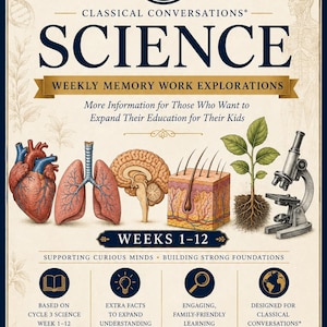 Könnte beinhalten: Ein Buchcover für Classical Conversations Cycle 3 Science Weekly Memory Work Explorations mit Illustrationen von Herz, Lunge, Gehirn, Hautquerschnitt, Pflanze und Mikroskop. Der Text enthält 'Weeks 1-12' und pädagogische Beschreibungen.