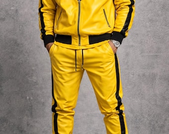 Survêtement en cuir jaune pour homme - Design rayé noir en V, ensemble veste et pantalon streetwear de luxe, tenue de style sport