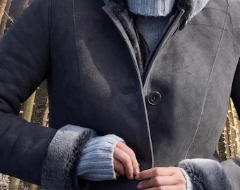 Handmade Women’s Grey Shearling Warm Sheepskin Coat Long Suede Leather Stylish Winter Jacket