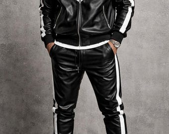 Ensemble de survêtement en cuir noir pour homme - rayures en V blanches, veste et pantalon streetwear de luxe, tenue de baseball de style sport