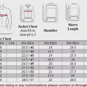 Puede incluir: Tabla de tallas de chaquetas, con medidas en pulgadas y cent&iacute;metros. La tabla incluye medidas de pecho, axila a axila, hombro, largo de manga y largo de chaqueta para tallas XS a 5XL. Texto: "Nota: Para tallas personalizadas o cualquier personalizaci&oacute;n, cont&aacute;ctenos por mensaje."