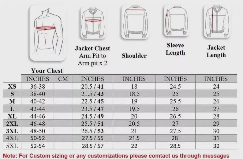 Puede incluir: Tabla de tallas de chaquetas, con medidas en pulgadas y cent&iacute;metros. La tabla incluye medidas de pecho, axila a axila, hombro, largo de manga y largo de chaqueta para tallas XS a 5XL. Texto: "Nota: Para tallas personalizadas o cualquier personalizaci&oacute;n, cont&aacute;ctenos por mensaje."