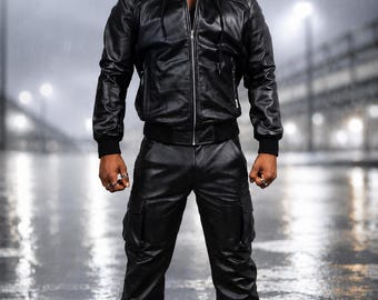 Men's Leather Hoodie Jogger Set, Bomber Tracksuit, Cargo Pants Set, Motorcycle Biker Outfit