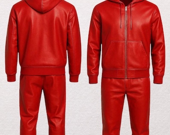 Men’s Red Leather Tracksuit  Genuine Leather Sweatsuit with Hoodie Style Complete Jogging Set