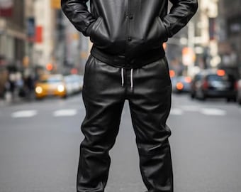 メンズ本革トラックスーツ：ハンドメイドジョギングジムウェアスウェットシャツトラウザーレザースーツ