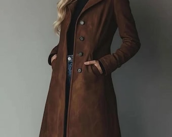 Women's New Handmade Suede Trench Coat - Vintage Style Brown Trench Warm Coat, Women's Suede Leather Trench Style