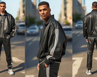 Oversized Mens Leather Tracksuit Jogging Sweat Suit Warm Winter Jacket Pants
