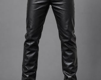Men's Black Cowhide Leather Biker Pants, 501 Style Jeans Fit