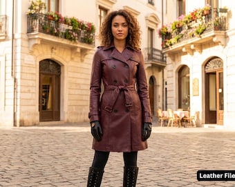 Handmade Winter Burgundy Lambskin Leather Trench Coat - Elegant Women's Outerwear