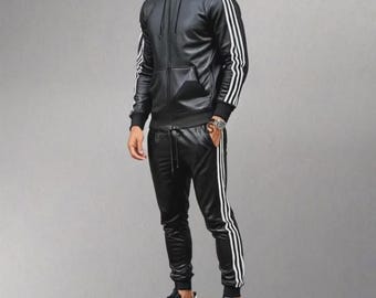 Chándal de piel de cordero para hombre / Conjunto deportivo negro hecho a mano
