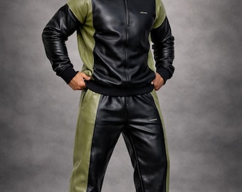 Men’s Leather Tracksuit Black Khaki 2 Piece Zip Jacket Jogger Set Jogging Suit