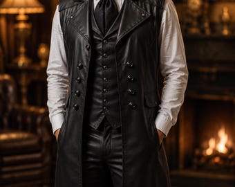Handmade Black Leather Long Vest for Men | Sleeveless Coat |Steampunk Dress, Double Breasted Leather Overcoat, Gothic Fashion