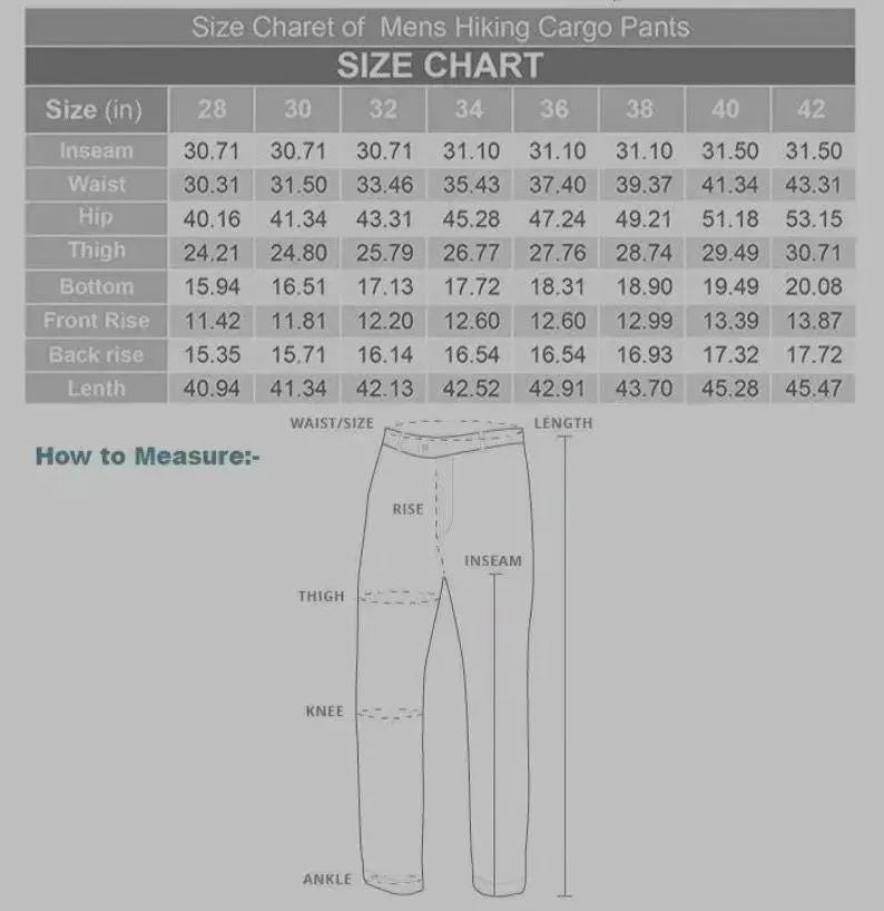 May include: Size chart for men's hiking cargo pants. The chart includes measurements for inseam, waist, hip, thigh, bottom, front rise, back rise, and length, ranging from size 28 to 42 inches. A diagram illustrates how to measure the pants.