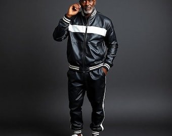 Men’s Black & White Leather Tracksuit Jogging Suit Sweat Suit | Genuine Leather Two Piece Set
