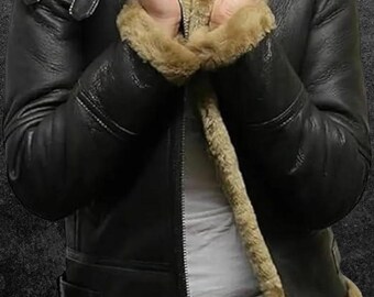 Women's Black Stylish Jacket Genuine Sheepskin Raf Pilot Aviator Faux Fur Shearling B3 Bomber Jacket with Brown Fur