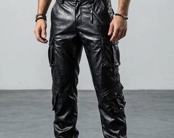 Calças cargo militares pretas de couro para homem, estilo motociclista, streetwear.