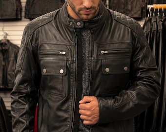 Men's Black Leather Jacket, Motorcycle Biker Style, Quilted Shoulders, Genuine Leather Riding Gear, Vintage Moto Outerwear, Custom Fit