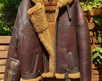 Vintage Sheepskin Aviator Bomber Leather Jacket Warm Shearling Flight Coat Men Outerwear Retro