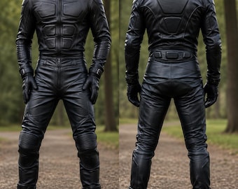 Men’s Black Leather Motorcycle Racing Suit Gay Bluff 6-Pack Riding