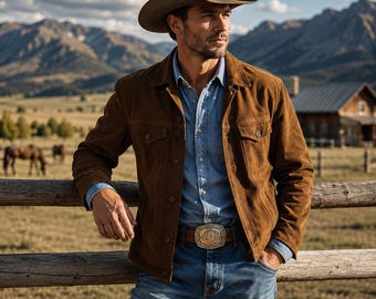 Mens Western Suede Leather Jacket Cowboy Ranch Vintage Brown Trucker Jacket Rodeo Outfit Gift for Him