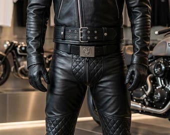 Men's Real Cowhide Leather Bikers Jacket Quilted Panels BLUF Jacket & Pants Jacket and Pant Set