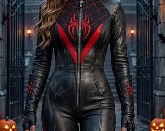 Op maat gemaakte leren cosplay bodysuit voor dames met spinnenprint | Zwarte jumpsuit met verwassen look | Halloweenkostuum | Spider Girl outfit | Catsuit