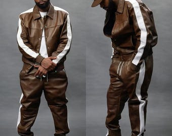 Men's Lambskin Leather Tracksuit: Brown & White Stripe Jogging Suit