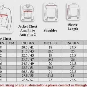 May include: A jacket size chart with measurements in inches and centimetres. The chart details chest, arm pit to arm pit, shoulder, sleeve length, and jacket length for sizes XS to 5XL. The text at the bottom reads, "Note: For Custom sizing or any customizations please contact us through messages."