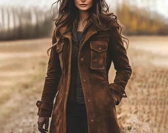 Handmade Women’s Fashion Dark Brown Real Suede Leather Coat | Long Vintage Style Warm Trench Coat