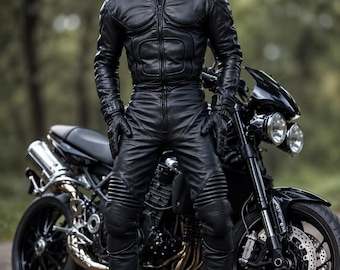 Men's Black Leather Motorcycle Racing Suit, One-Piece Biker Riding Gear