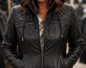Women's Black Leather Jacket, Quilted Hooded Biker Coat, Genuine Hide Motorcycle Outerwear, Custom Fit