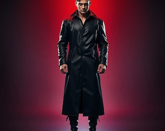 Men's Black Leather Trench Coat, Gothic Matrix Style Belted Overcoat