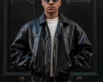 Handmade Black Leather Bomber Jacket, 90s Retro Style
