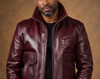 Burgundy Leather Jacket Men, Vintage Half Belt Coat, Handmade Cowhide Outerwear, Classic Utility Biker Wear, Motorcycle Gift