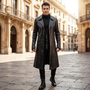 Men's Long Black Leather Trench Coat Gothic Winter Duster Jacket
