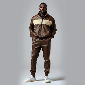 May include: A brown leather tracksuit. The jacket has a cream-coloured stripe across the chest and a high collar. The trousers have a cream-coloured stripe down the side. The person is wearing white trainers. The tracksuit is a stylish, modern outfit.