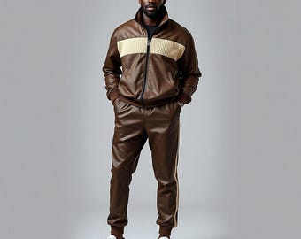 Men’s Choco Brown & Cream Leather Tracksuit Jogging Suit Sweat Suit | Genuine Leather Two Piece Set