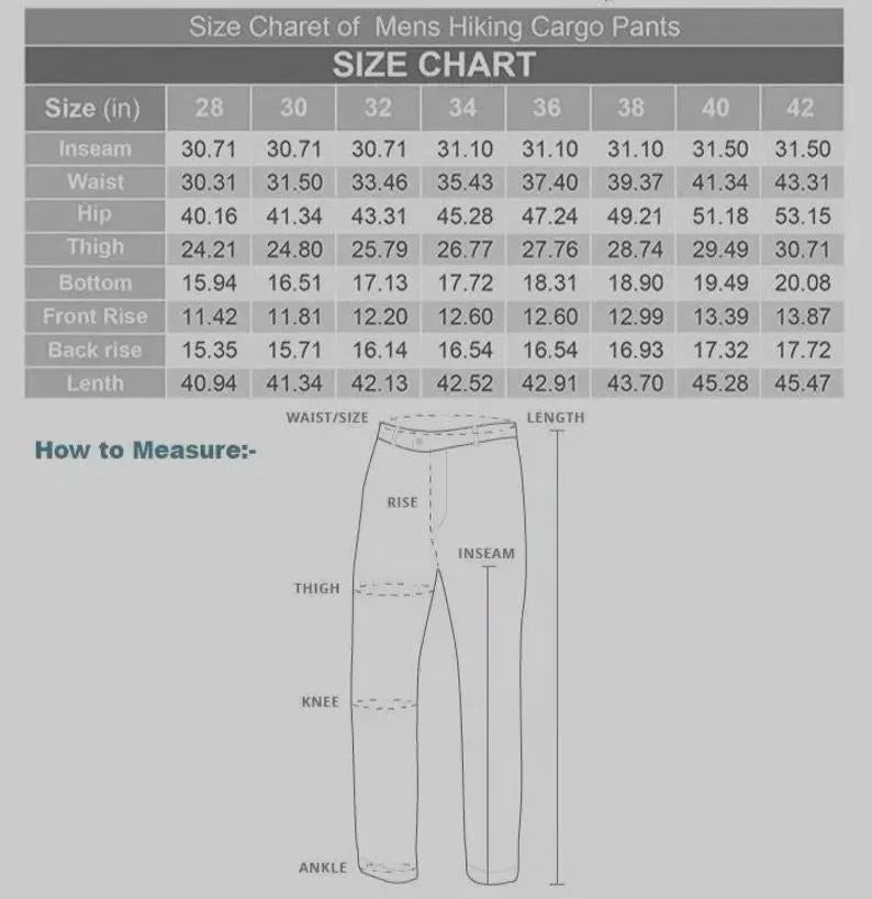 Puede incluir: Tabla de tallas para pantalones cargo de senderismo para hombre, con medidas en pulgadas. Incluye entrepierna, cintura, cadera, muslo, bajo, tiro delantero, tiro trasero y largo para tallas 28 a 42. Un diagrama muestra c&oacute;mo medir.