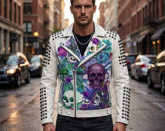 Men's White Skull Leather Biker Jacket – Studded Punk Streetwear Outfit
