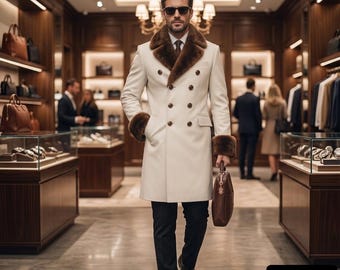Trench-coat en cuir crème pour hommes avec col en fourrure marron Manteau en cuir croisé pour hommes Manteau chaud d'hiver