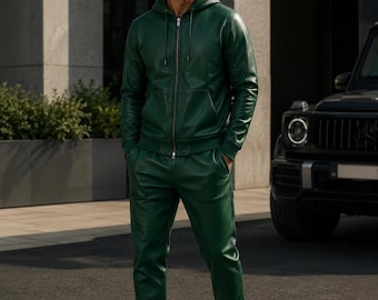 Men's Genuine Lambskin Green Leather Track Suit Sweatsuit Jogging Tracksuit Fashion Wear Hooded Jacket Pants