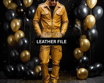 New Men's Genuine Real Leather Mustard Catsuit Stylish Front Zipper Overall Pockets Jumpsuit