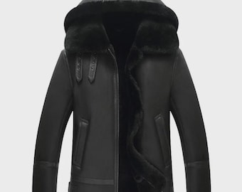 mens bomber raf b3 real leather jacket Shearling Fur flying aviator sheepskin black hooded