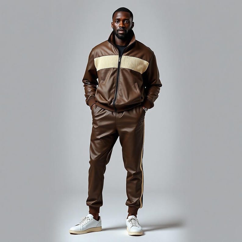 May include: A brown leather tracksuit. The jacket has a cream-coloured stripe across the chest and a high collar. The trousers have a cream-coloured stripe down the side. The person is wearing white trainers. The tracksuit is a stylish, modern outfit.