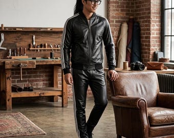 Men's Black Leather Tracksuit with Classic White Stripes Jogging suit fashion Sweat suit